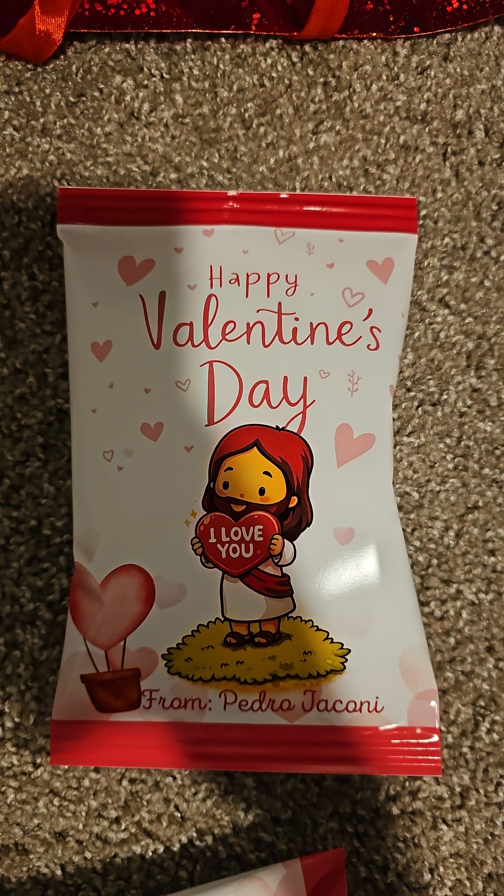 Personalized Valentine's Day snack bag printed with 'From Pedro Iaconi' — classroom party favors