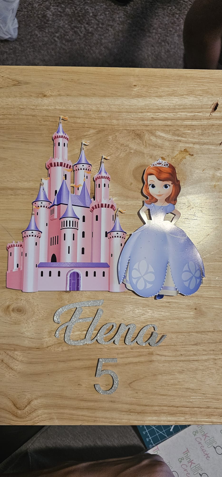 Custom Sofia the First princess castle cake topper with glitter name Elena and number 5