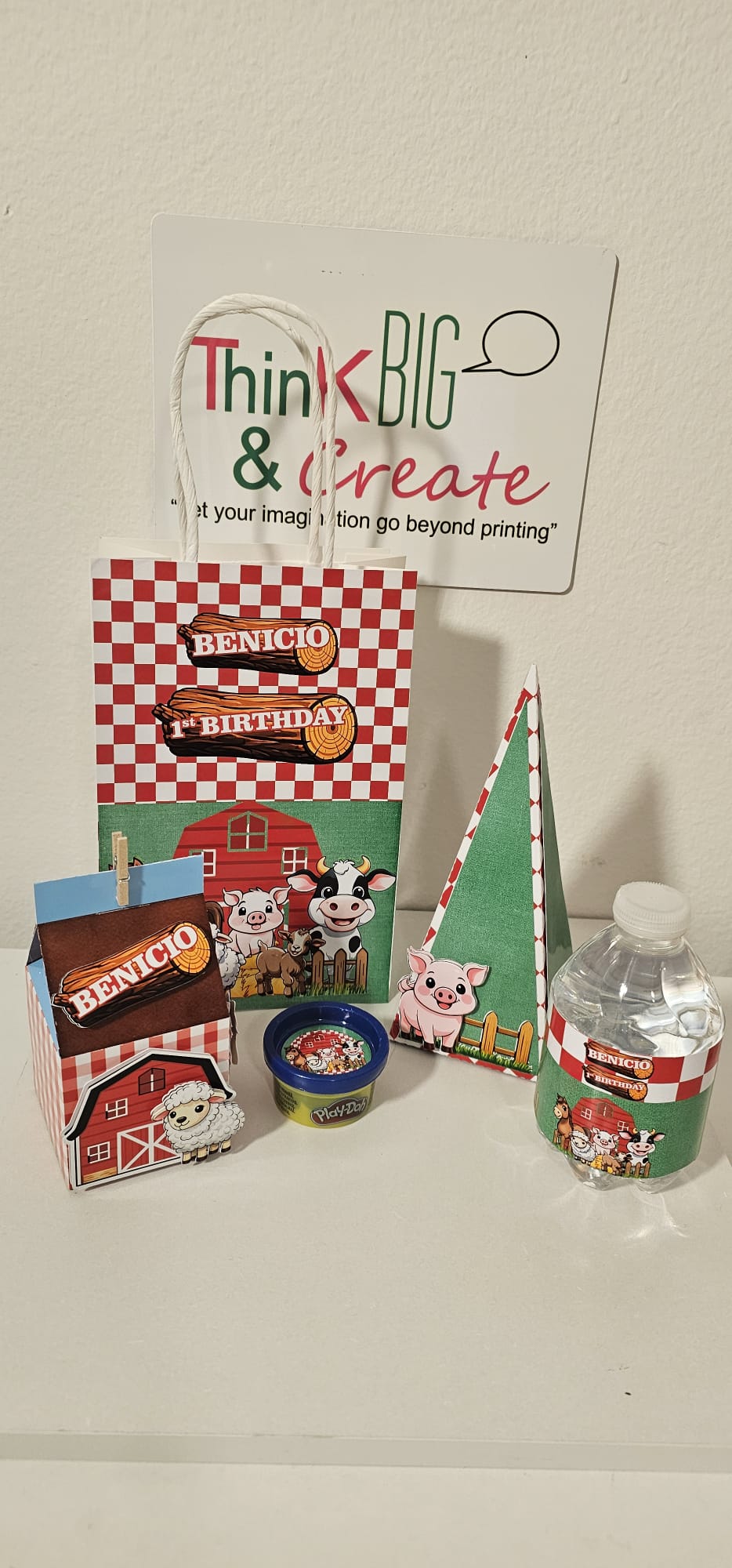 Personalized farm-theme 1st birthday favor bag, milk carton, party hat and water bottle label for Benicio