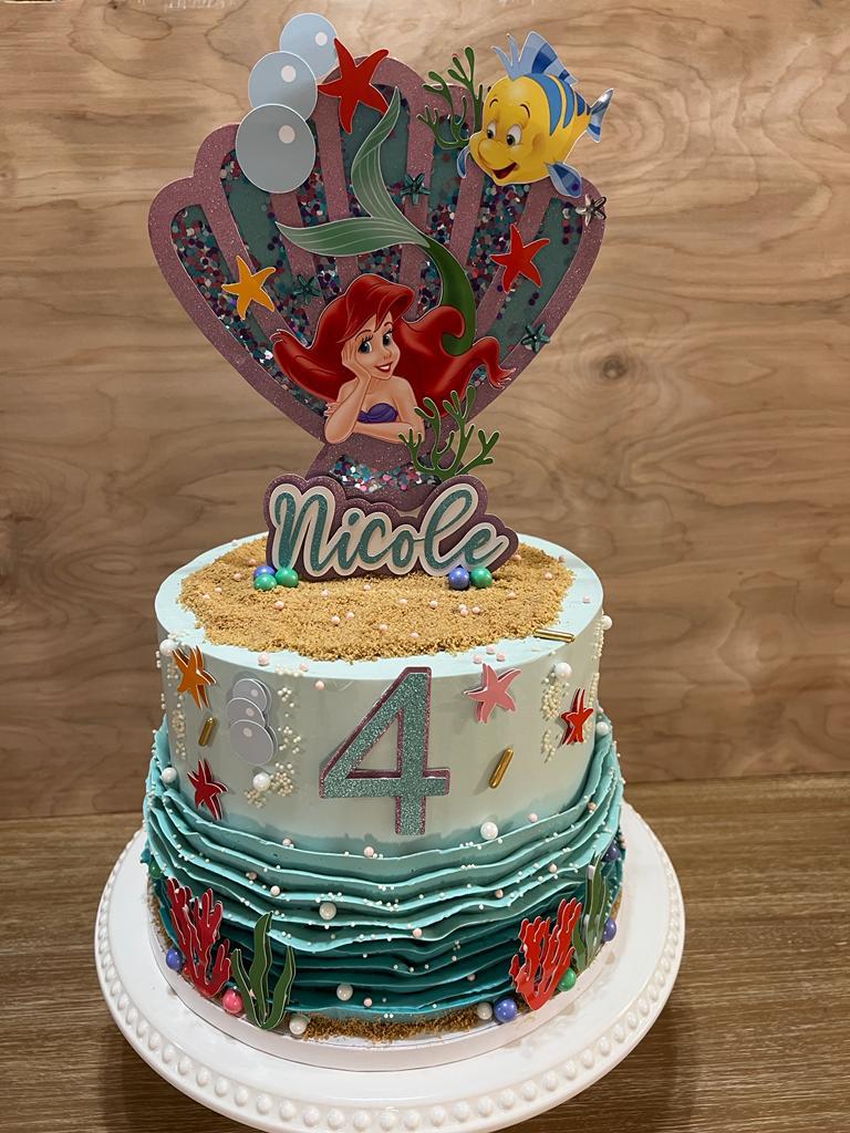 Custom Little Mermaid Ariel cake topper for Nicole's 4th birthday with glitter shell design